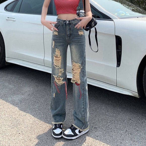 European and American hot girl wind ripped jeans women summer new loose thin str